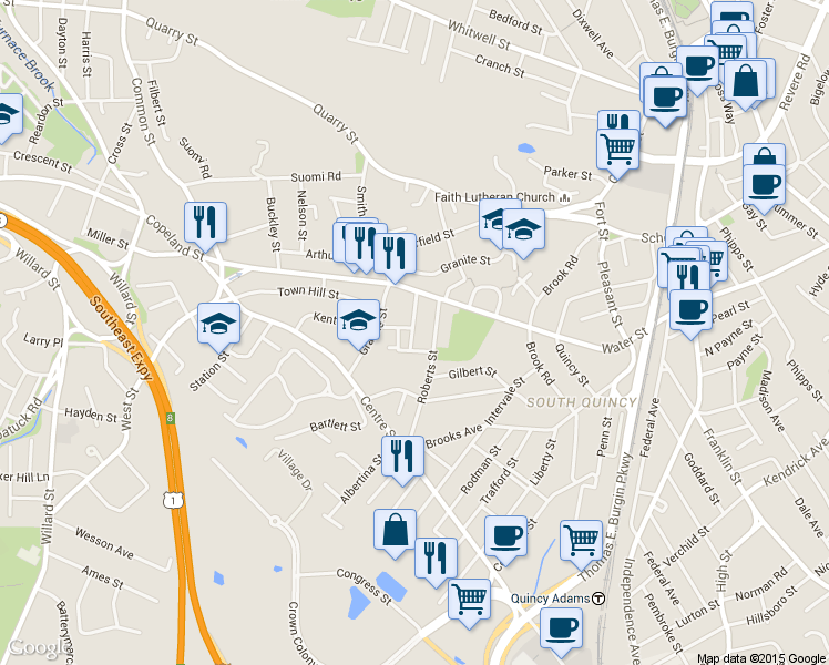 map of restaurants, bars, coffee shops, grocery stores, and more near 21 Grossman Street in Quincy