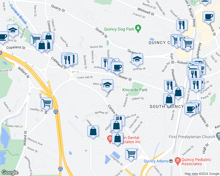 map of restaurants, bars, coffee shops, grocery stores, and more near 2 Town Hill Street in Quincy