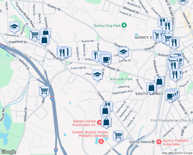 map of restaurants, bars, coffee shops, grocery stores, and more near 2 Town Hill Street in Quincy