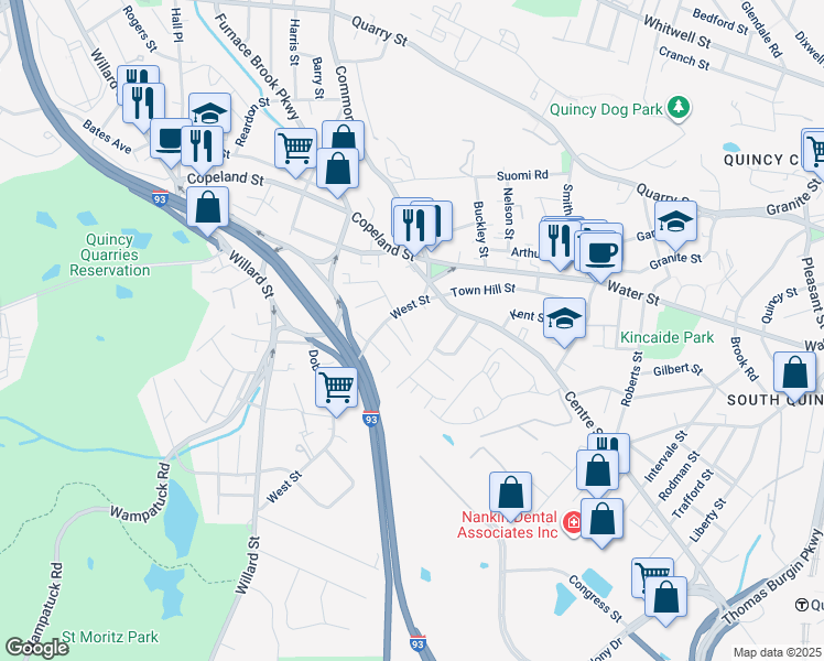 map of restaurants, bars, coffee shops, grocery stores, and more near 42 West Street in Quincy