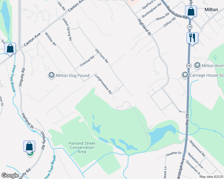 map of restaurants, bars, coffee shops, grocery stores, and more near 60 Longmeadow Road in Milton