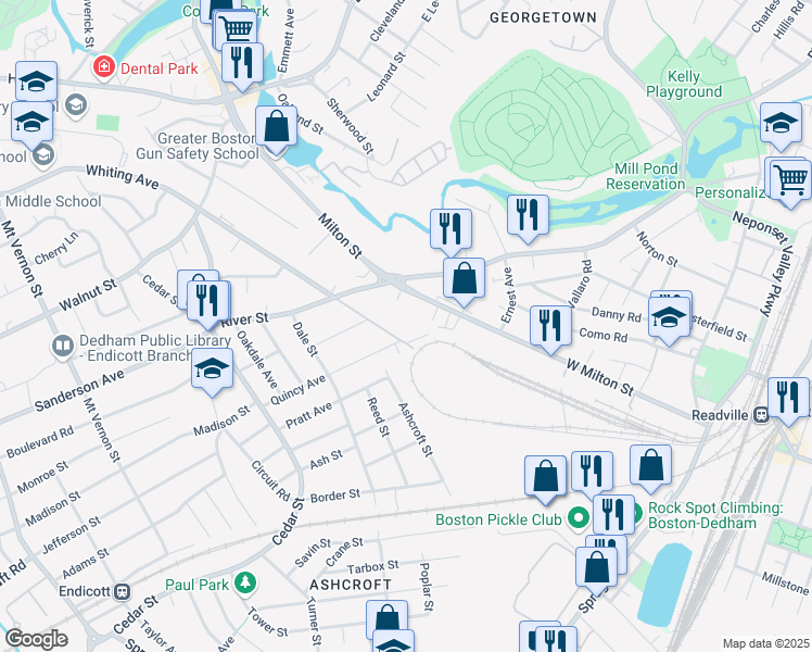 map of restaurants, bars, coffee shops, grocery stores, and more near 98 River Street in Dedham
