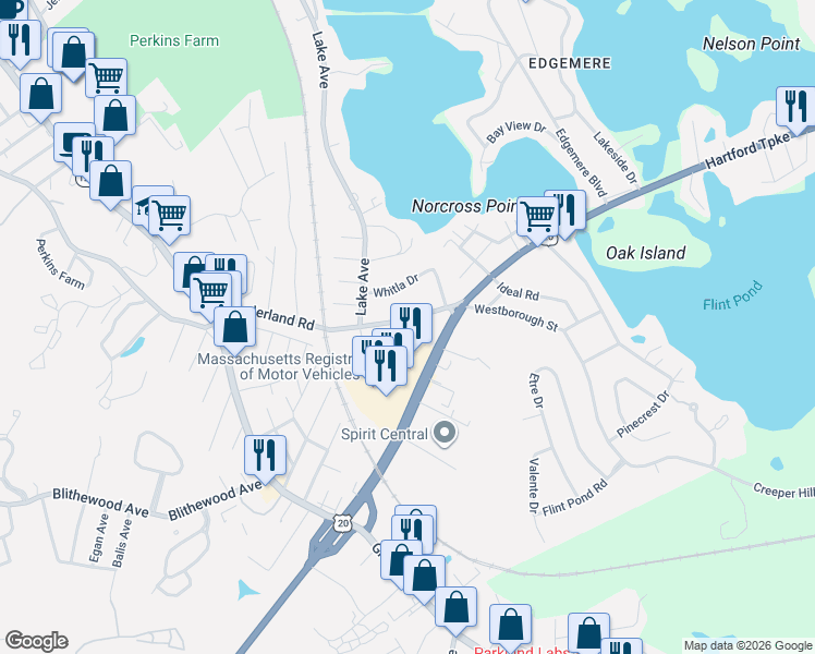 map of restaurants, bars, coffee shops, grocery stores, and more near 553 Sunderland Road in Worcester