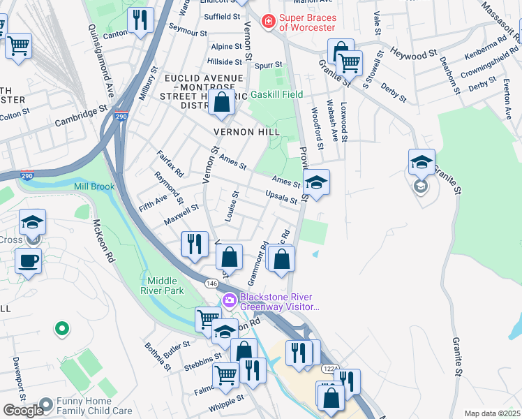 map of restaurants, bars, coffee shops, grocery stores, and more near 8 Lund Street in Worcester