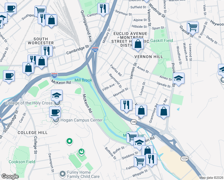 map of restaurants, bars, coffee shops, grocery stores, and more near 11 Fifth Avenue in Worcester