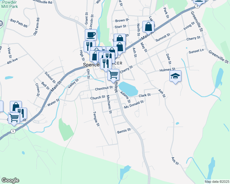 map of restaurants, bars, coffee shops, grocery stores, and more near 5 Chestnut Street in Spencer