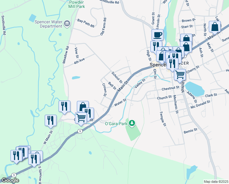 map of restaurants, bars, coffee shops, grocery stores, and more near 3 Bell Street in Spencer