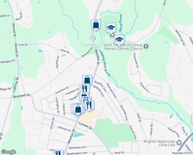 map of restaurants, bars, coffee shops, grocery stores, and more near 630 Massachusetts 116 in South Hadley