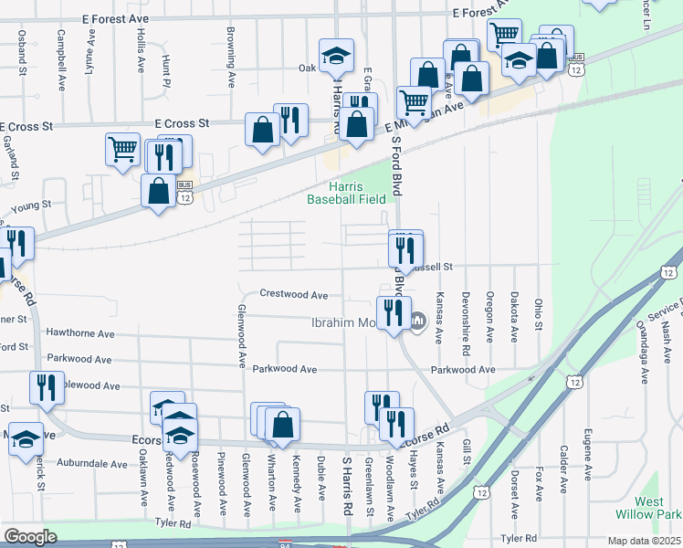 map of restaurants, bars, coffee shops, grocery stores, and more near 1397 Russell Street in Ypsilanti