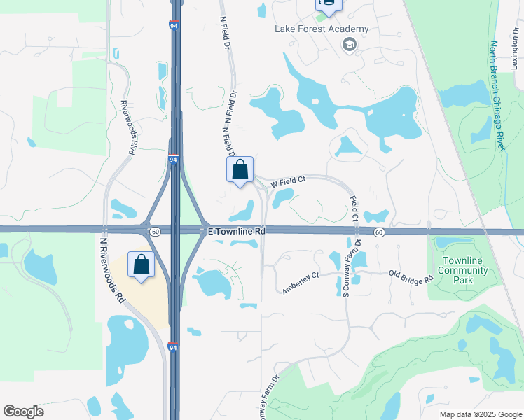map of restaurants, bars, coffee shops, grocery stores, and more near Field Drive in Lake Forest