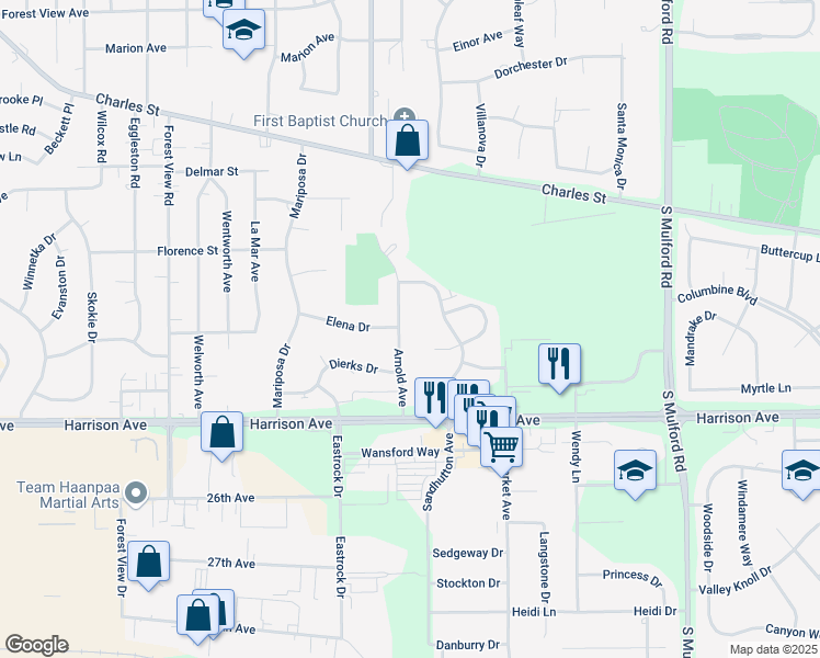 map of restaurants, bars, coffee shops, grocery stores, and more near 2366 Arnold Avenue in Rockford