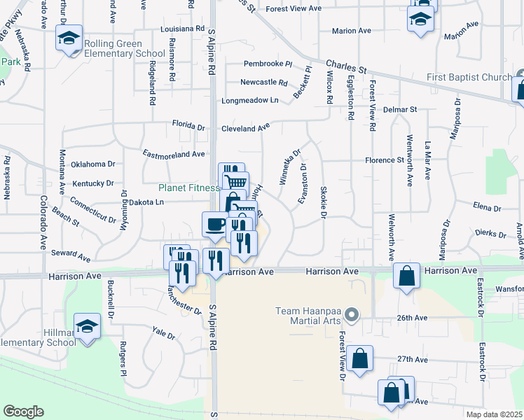 map of restaurants, bars, coffee shops, grocery stores, and more near 2424 Holmes Street in Rockford