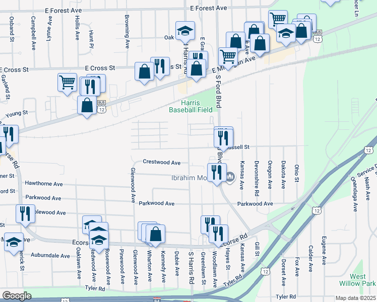 map of restaurants, bars, coffee shops, grocery stores, and more near 1397 Russell Street in Ypsilanti