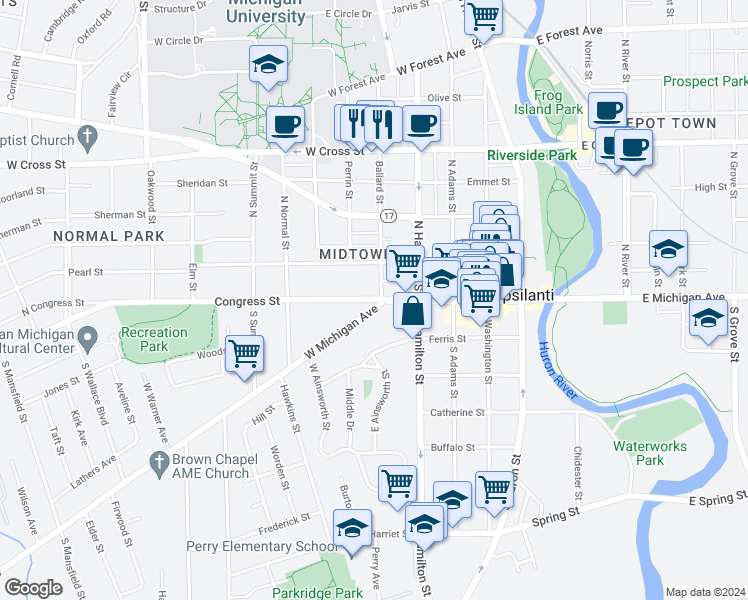 map of restaurants, bars, coffee shops, grocery stores, and more near 519 Congress Street in Ypsilanti