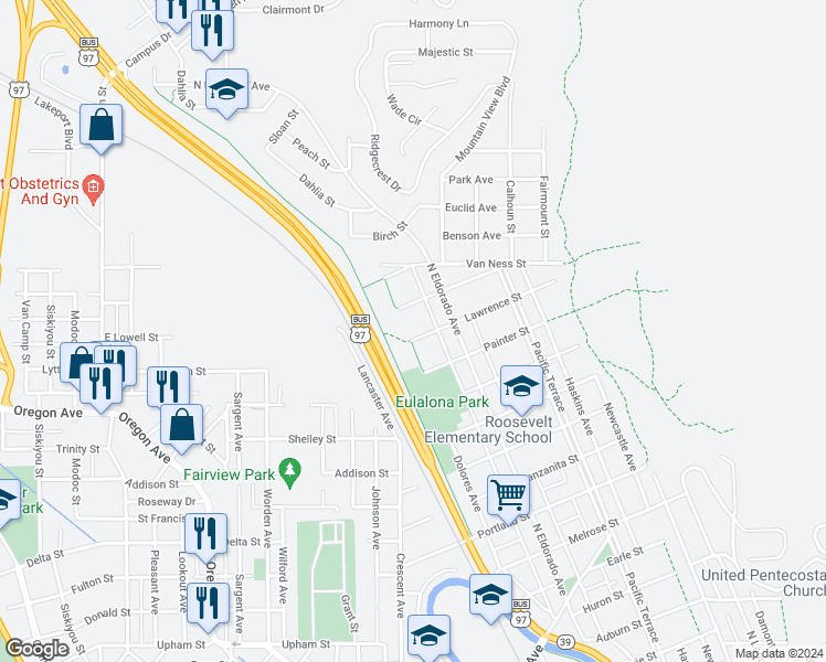 map of restaurants, bars, coffee shops, grocery stores, and more near 1833 Lawrence Street in Klamath Falls