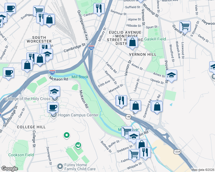 map of restaurants, bars, coffee shops, grocery stores, and more near 11 Fifth Avenue in Worcester