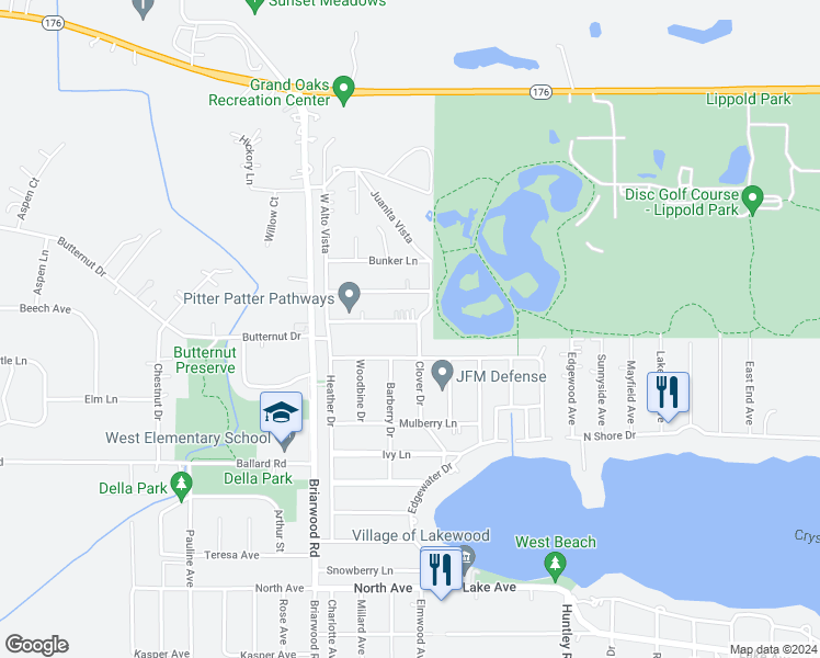 map of restaurants, bars, coffee shops, grocery stores, and more near 1329 Teakwood Lane in Crystal Lake