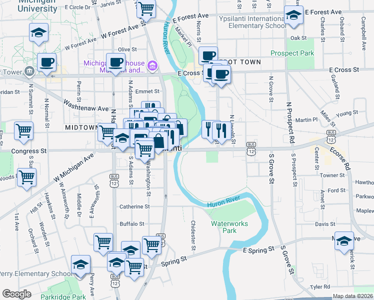 map of restaurants, bars, coffee shops, grocery stores, and more near 1 East Michigan Avenue in Ypsilanti