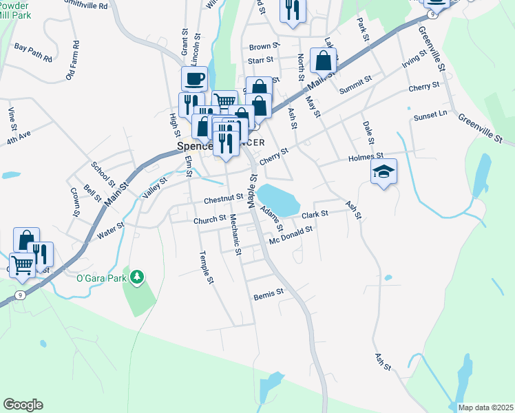 map of restaurants, bars, coffee shops, grocery stores, and more near 4 Adams Street in Spencer