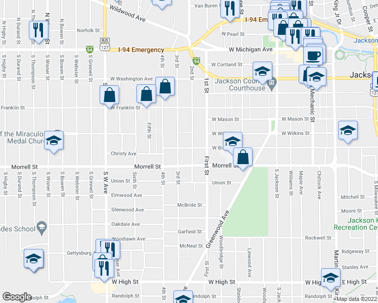 map of restaurants, bars, coffee shops, grocery stores, and more near 802 Second Street in Jackson