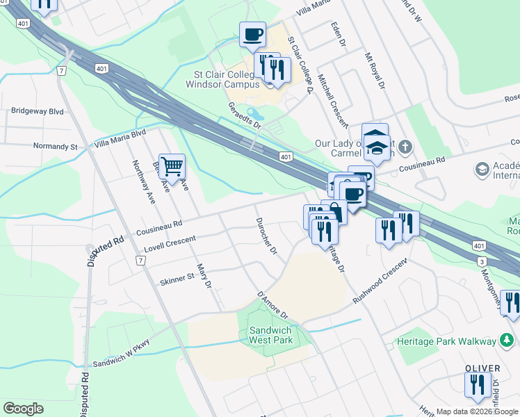 map of restaurants, bars, coffee shops, grocery stores, and more near 2100 Cousineau Road in Windsor