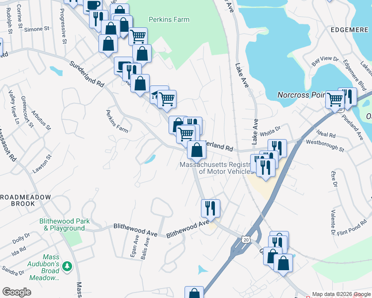 map of restaurants, bars, coffee shops, grocery stores, and more near 418 Sunderland Road in Worcester