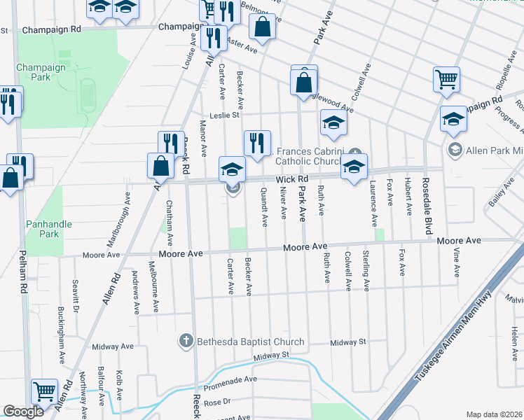 map of restaurants, bars, coffee shops, grocery stores, and more near 9259 Quandt Avenue in Allen Park