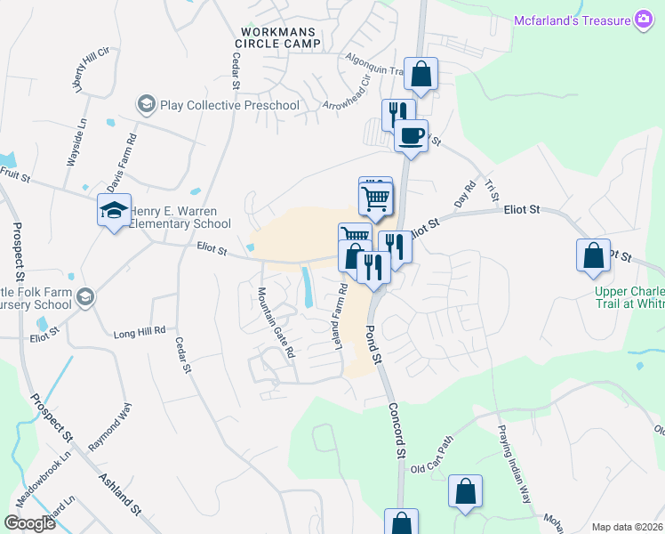 map of restaurants, bars, coffee shops, grocery stores, and more near 19 Leland Farm Road in Ashland
