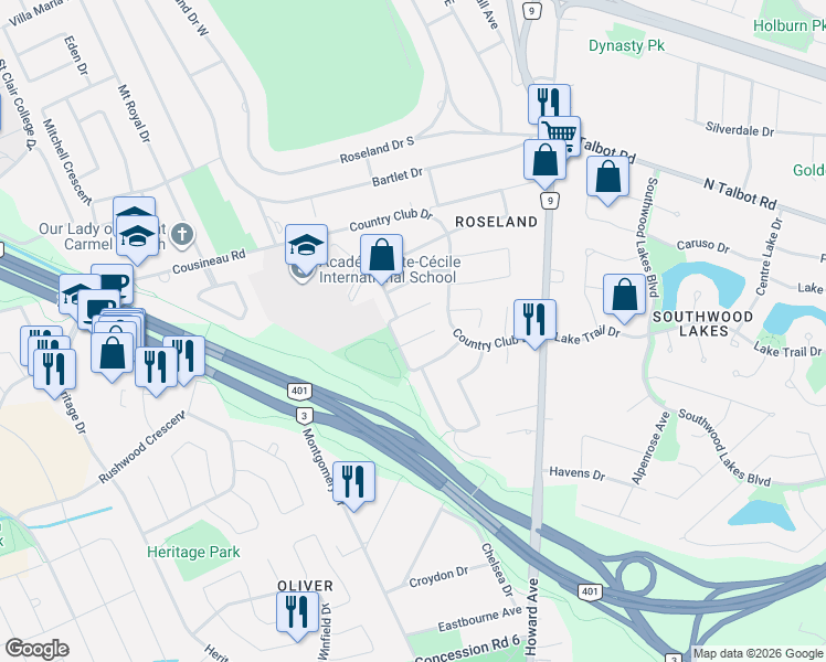 map of restaurants, bars, coffee shops, grocery stores, and more near 601 Rodfam Drive in Windsor