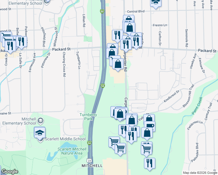 map of restaurants, bars, coffee shops, grocery stores, and more near 23 in Ypsilanti