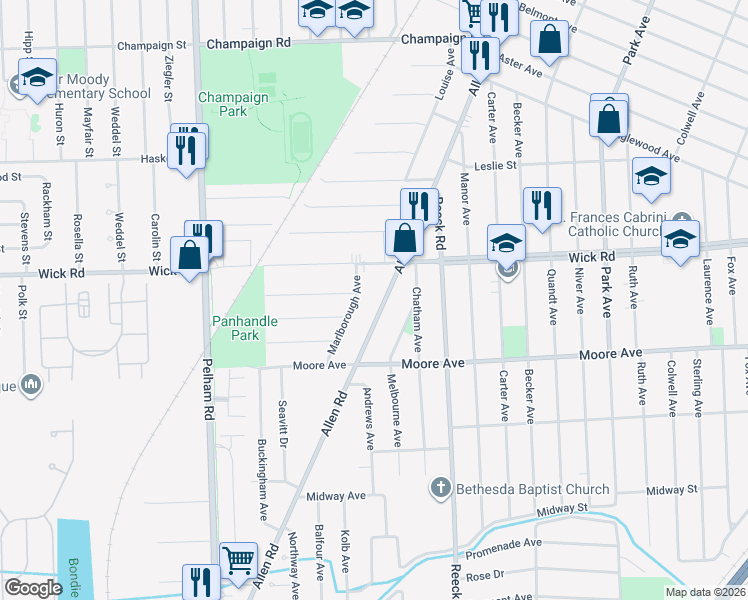 map of restaurants, bars, coffee shops, grocery stores, and more near 266 Allen Road in Allen Park