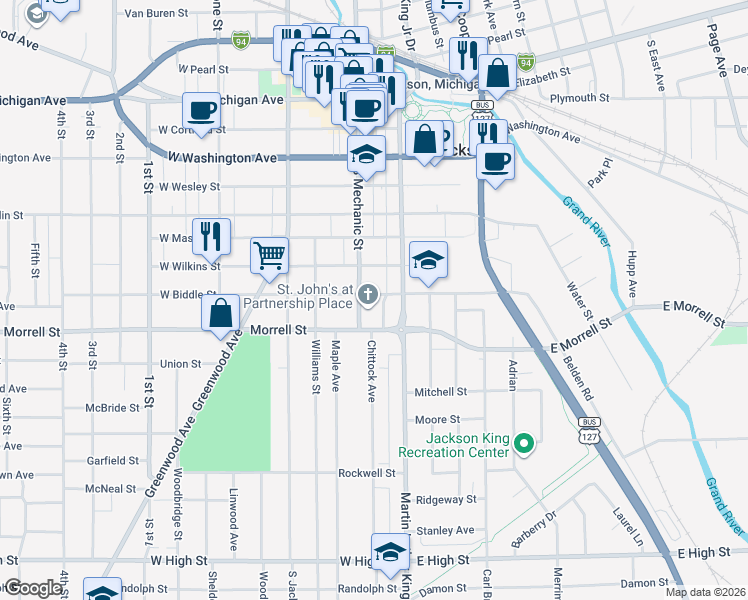map of restaurants, bars, coffee shops, grocery stores, and more near 106 East Biddle Street in Jackson