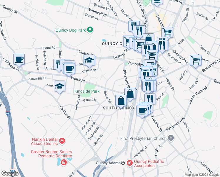 map of restaurants, bars, coffee shops, grocery stores, and more near 92 Quincy Street in Quincy