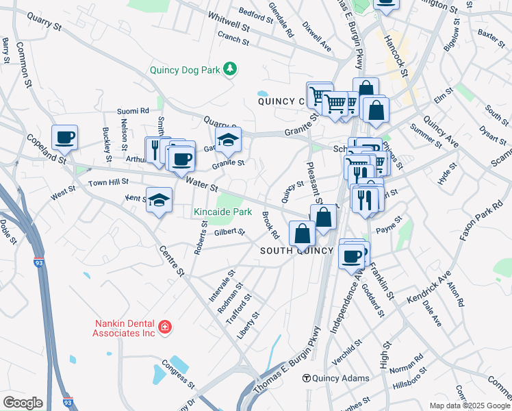 map of restaurants, bars, coffee shops, grocery stores, and more near 291 Water Street in Quincy