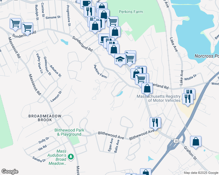 map of restaurants, bars, coffee shops, grocery stores, and more near 330 Sunderland Woods in Worcester