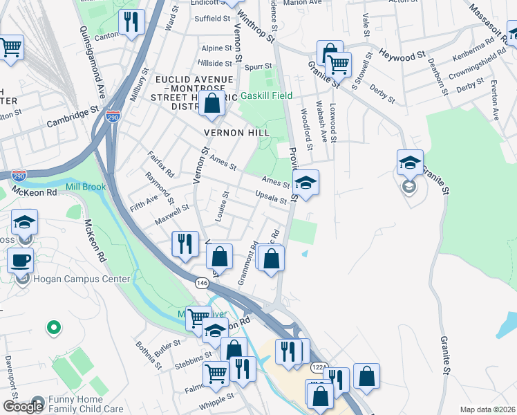 map of restaurants, bars, coffee shops, grocery stores, and more near 66 Upsala Street in Worcester