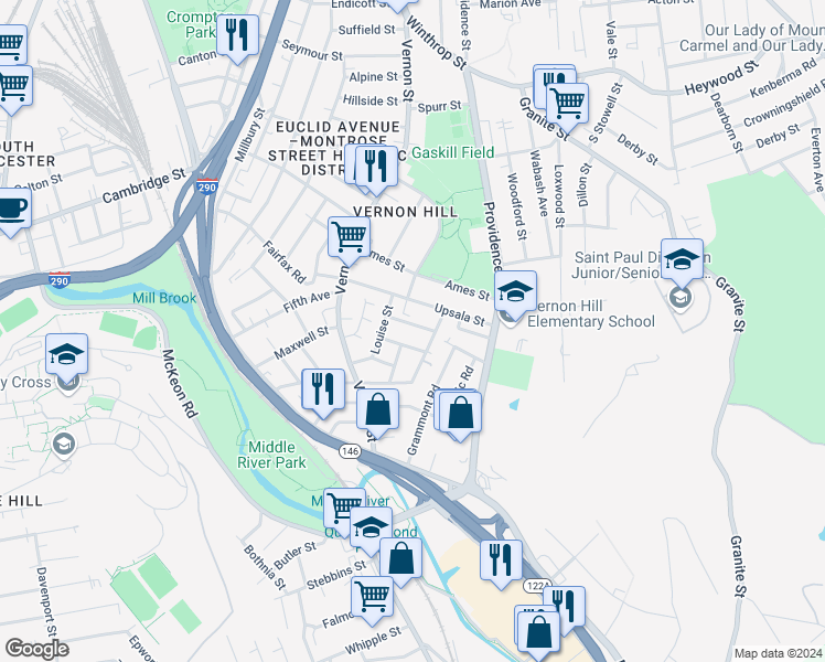 map of restaurants, bars, coffee shops, grocery stores, and more near 8 Lund Street in Worcester