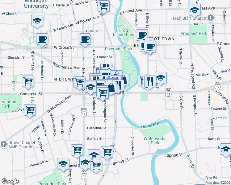 map of restaurants, bars, coffee shops, grocery stores, and more near in Ypsilanti