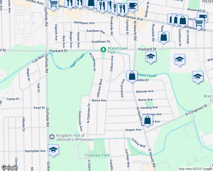 map of restaurants, bars, coffee shops, grocery stores, and more near 30 Senate Avenue in Ypsilanti