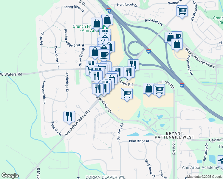 map of restaurants, bars, coffee shops, grocery stores, and more near 3143 Ann Arbor-Saline Road in Ann Arbor