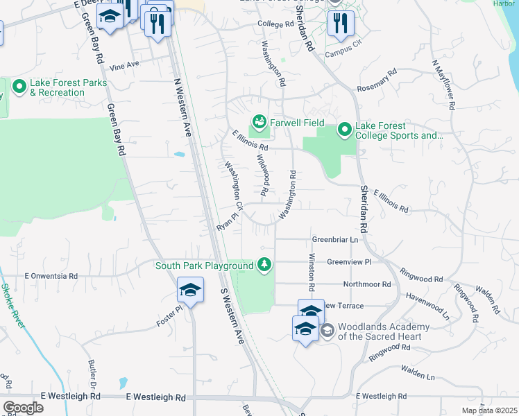 map of restaurants, bars, coffee shops, grocery stores, and more near 91 Washington Circle in Lake Forest