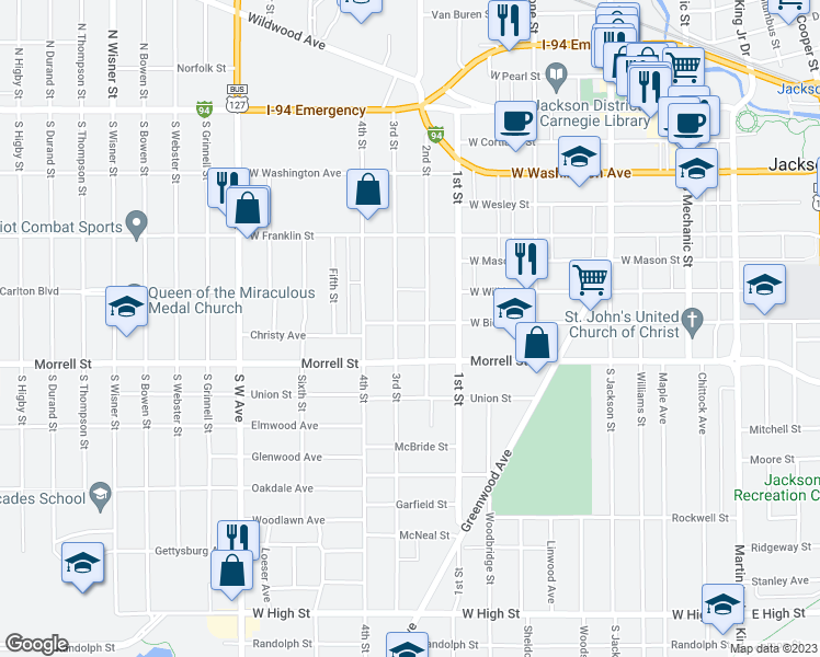 map of restaurants, bars, coffee shops, grocery stores, and more near 509 West Biddle Street in Jackson