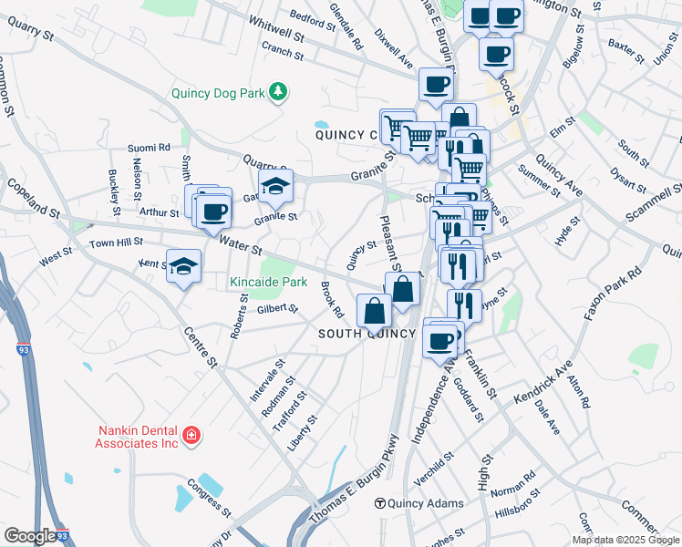 map of restaurants, bars, coffee shops, grocery stores, and more near 92 Quincy Street in Quincy
