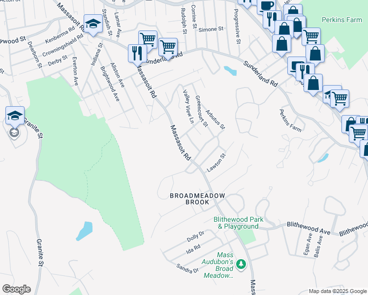 map of restaurants, bars, coffee shops, grocery stores, and more near 245 Massasoit Road in Worcester