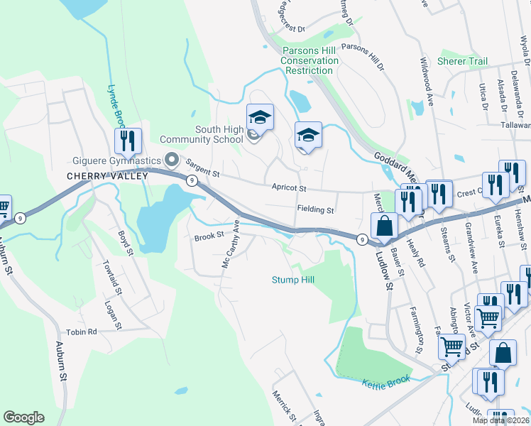 map of restaurants, bars, coffee shops, grocery stores, and more near 73 Fielding Street in Worcester