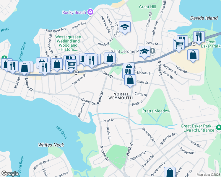 map of restaurants, bars, coffee shops, grocery stores, and more near 18 Crescent Road in Weymouth