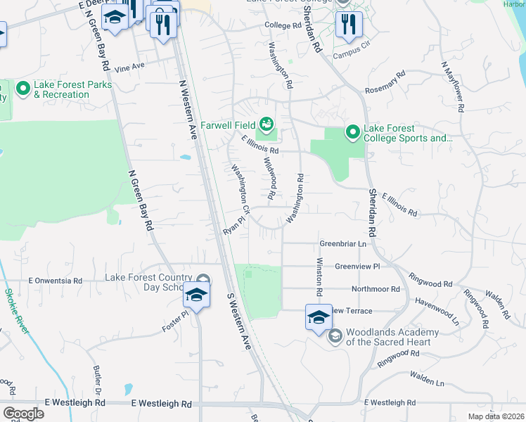 map of restaurants, bars, coffee shops, grocery stores, and more near 91 Washington Circle in Lake Forest