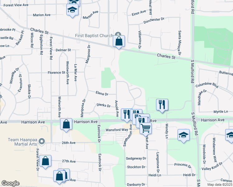 map of restaurants, bars, coffee shops, grocery stores, and more near 2366 Arnold Avenue in Rockford