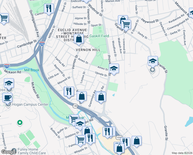 map of restaurants, bars, coffee shops, grocery stores, and more near 66 Upsala Street in Worcester