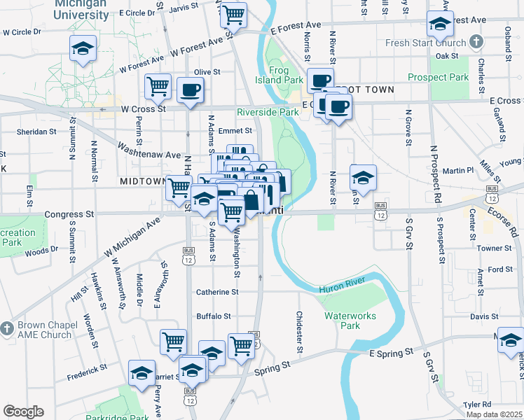 map of restaurants, bars, coffee shops, grocery stores, and more near in Ypsilanti